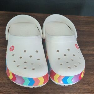 White Crocs with Rainbow Accents